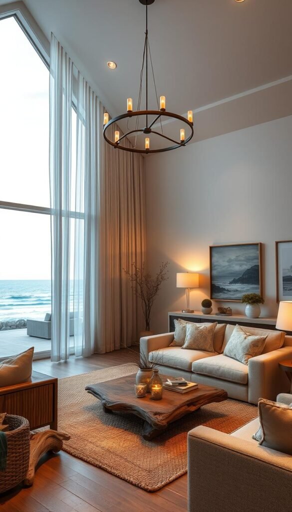 An idyllic coastal living room with warm, inviting lighting. A large window with a panoramic view of the ocean, framed by sheer curtains swaying gently in the sea breeze. Soft, diffused light from sconces and table lamps creates a cozy, intimate atmosphere, highlighting the natural textures and muted tones of the furnishings. Driftwood accents, a woven area rug, and plush seating evoke the tranquility of the shore. Overhead, a modern, minimalist chandelier casts a gentle glow, while strategically placed recessed lighting accentuates artwork and architectural details. The overall effect is one of relaxed elegance, perfectly suited for a modern coastal living space. An idyllic coastal living room with warm, inviting lighting. A large window with a panoramic view of the ocean, framed by sheer curtains swaying gently in the sea breeze. Soft, diffused light from sconces and table lamps creates a cozy, intimate atmosphere, highlighting the natural textures and muted tones of the furnishings. Driftwood accents, a woven area rug, and plush seating evoke the tranquility of the shore. Overhead, a modern, minimalist chandelier casts a gentle glow, while strategically placed recessed lighting accentuates artwork and architectural details. The overall effect is one of relaxed elegance, perfectly suited for a modern coastal living space.