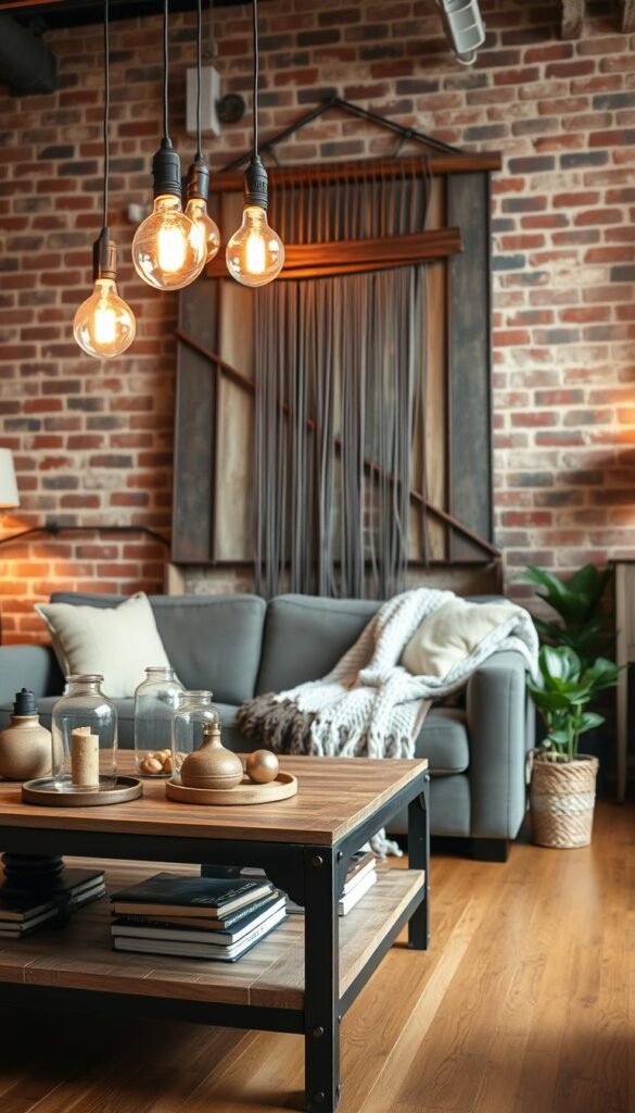 An industrial-chic living room with a mix of DIY projects and personal touches. In the foreground, a reclaimed wood and steel coffee table holds a collection of vintage decor pieces. The middle ground features a large, rustic wall hanging crafted from repurposed metal and weathered wood. Ambient lighting from exposed Edison bulbs casts a warm glow, complementing the textured brick walls and hardwood floors. Potted plants and a cozy knit throw add softness, balancing the industrial aesthetic. The overall mood is one of urban sophistication and handcrafted charm.