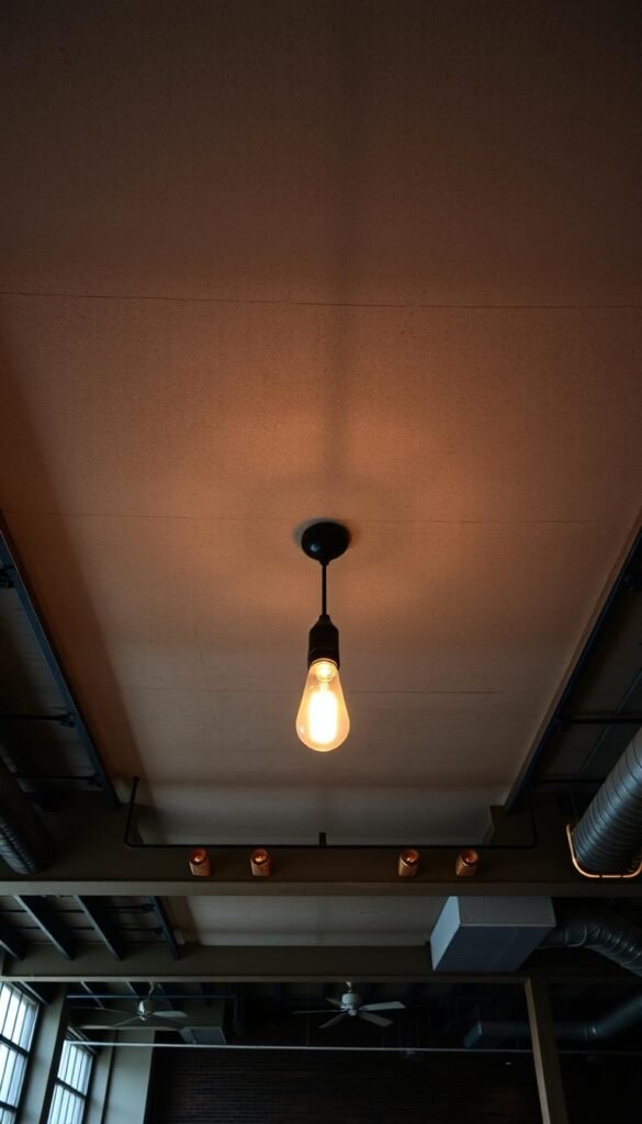 An industrial-style ceiling design with a raw, unfinished beauty. A high-ceilinged space with exposed metal beams and ductwork, casting dramatic shadows across the room. Overhead, a grid of recessed lighting fixtures illuminates the concrete slab above, creating a warm, ambient glow. In the foreground, a mix of aged wood and rugged metal elements blend seamlessly, echoing the utilitarian aesthetic. The middle ground features a central pendant light, its Edison-style bulb adding a touch of vintage charm. The background blends seamlessly into the shadows, hinting at the loft-like expanse of the room. An atmosphere of understated sophistication, where the imperfections of the industrial materials are celebrated. An industrial-style ceiling design with a raw, unfinished beauty. A high-ceilinged space with exposed metal beams and ductwork, casting dramatic shadows across the room. Overhead, a grid of recessed lighting fixtures illuminates the concrete slab above, creating a warm, ambient glow. In the foreground, a mix of aged wood and rugged metal elements blend seamlessly, echoing the utilitarian aesthetic. The middle ground features a central pendant light, its Edison-style bulb adding a touch of vintage charm. The background blends seamlessly into the shadows, hinting at the loft-like expanse of the room. An atmosphere of understated sophistication, where the imperfections of the industrial materials are celebrated.
