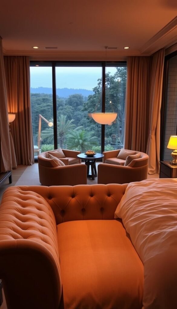An intimate bedroom setting with a cozy, romantic atmosphere. In the foreground, a low, tufted loveseat sits angled towards a large, plush bed draped in soft, white linens. Warm ambient lighting casts a gentle glow, creating a sense of intimacy. The middle ground features a pair of plush, upholstered chairs positioned to encourage close conversation. In the background, a large window overlooks a lush, natural landscape, blending the interior and exterior seamlessly. The overall arrangement suggests a space designed for quiet moments of connection and relaxation.