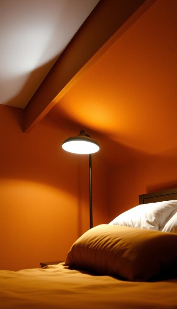 An intimate bedroom setting with warm, earthy walls, illuminated by a combination of recessed lighting and a large, wooden floor lamp casting a soft, diffused glow. The lighting creates a cozy, inviting atmosphere, accentuating the natural textures and tones of the walls. Subtle shadows and highlights on the walls enhance the depth and dimension, while the warm light washes over the space, creating a harmonious and relaxing ambiance.