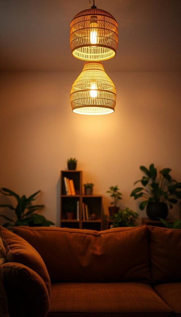 An intimate living room bathed in a warm, organic glow. Soft, ambient lighting emanates from a centerpiece pendant fixture crafted from natural materials like rattan or woven bamboo. The light filters through the woven texture, casting a gentle, diffused illumination that fills the space. In the foreground, a plush, earth-toned sofa invites relaxation, while mid-ground bookshelves and potted plants add visual interest. The background features a minimalist, whitewashed wall that enhances the serene, nature-inspired atmosphere. Permeating the scene is a sense of tranquility and comfort, creating a harmonious, restorative environment.