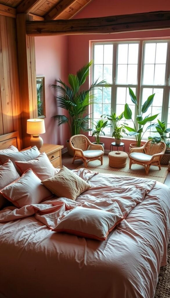 An inviting and cozy pink earthy bedroom with a warm, natural atmosphere. In the foreground, a plush king-size bed with a soft, organic bedding set in muted tones of pink, terracotta, and beige. Piles of fluffy pillows in complementary hues create a layered, textured look. In the middle ground, wooden nightstands with ceramic lamps emit a gentle, ambient glow. The walls are painted in a soothing, earthy pink tone, accented by natural wood paneling. In the background, large windows allow natural light to pour in, illuminating a pair of woven armchairs and a low, wooden coffee table. Lush, green potted plants and woven baskets add organic touches throughout the space, cultivating a warm, inviting atmosphere.