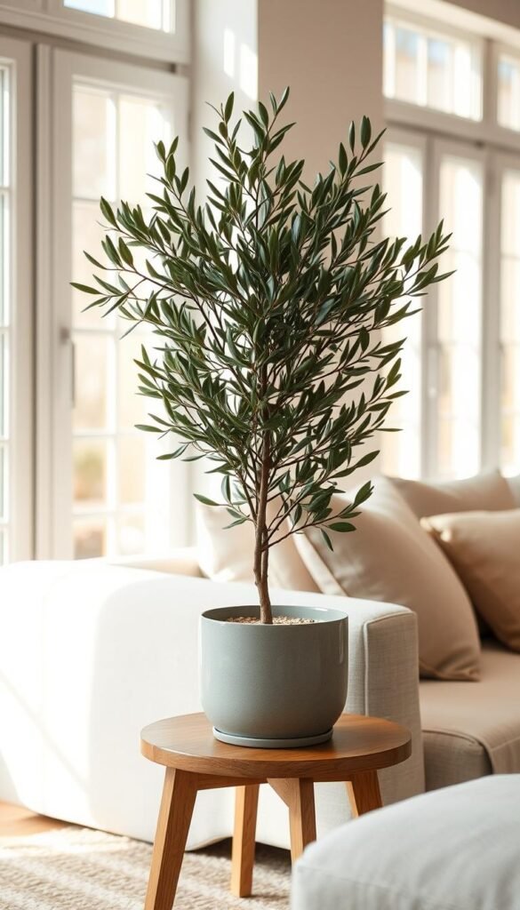 An olive tree planter styled in a living room setting, with warm and natural lighting from large windows. The planter is placed on a wooden side table or plant stand, its simple yet elegant design complementing the olive tree's graceful foliage. The room has a minimalist, Scandinavian-inspired aesthetic, with neutral-toned furnishings and soft textures creating a serene, harmonious atmosphere. The olive tree's verdant leaves cast gentle shadows, adding depth and visual interest to the composition. The overall scene exudes a sense of tranquility and organic sophistication, perfectly capturing the essence of the "Olive Tree Living Room Decor" article.