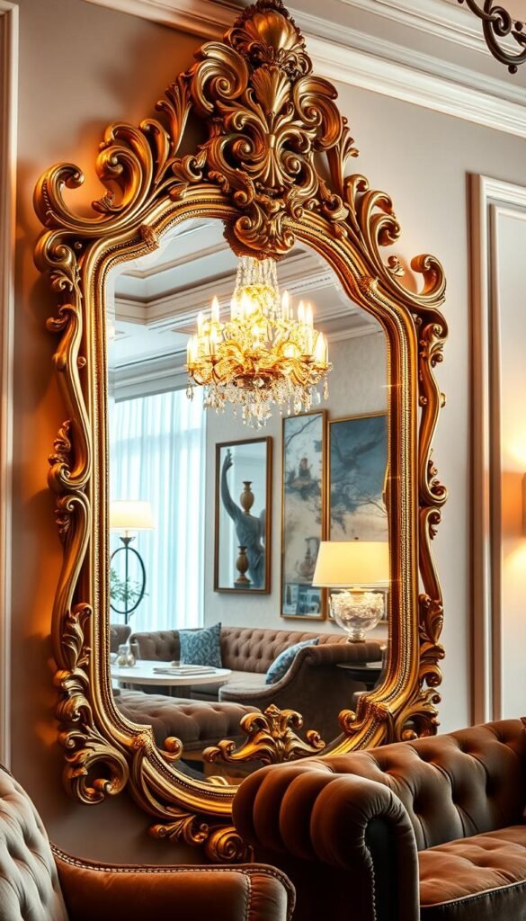 An ornate, gilded statement mirror with intricate, baroque-inspired details cascading across its surface, reflecting the opulent ambiance of a high-end living room. The mirror is positioned on a feature wall, casting an alluring, luminous glow throughout the space, complemented by soft, warm lighting that accentuates the mirror's elegant design. The mirror's frame is adorned with delicate flourishes, curves, and intricate patterns, creating a sense of grandeur and sophistication. The reflection in the mirror showcases the living room's luxurious furnishings, such as plush velvet sofas and a stylish coffee table, all bathed in the mirror's captivating, enchanting glow.