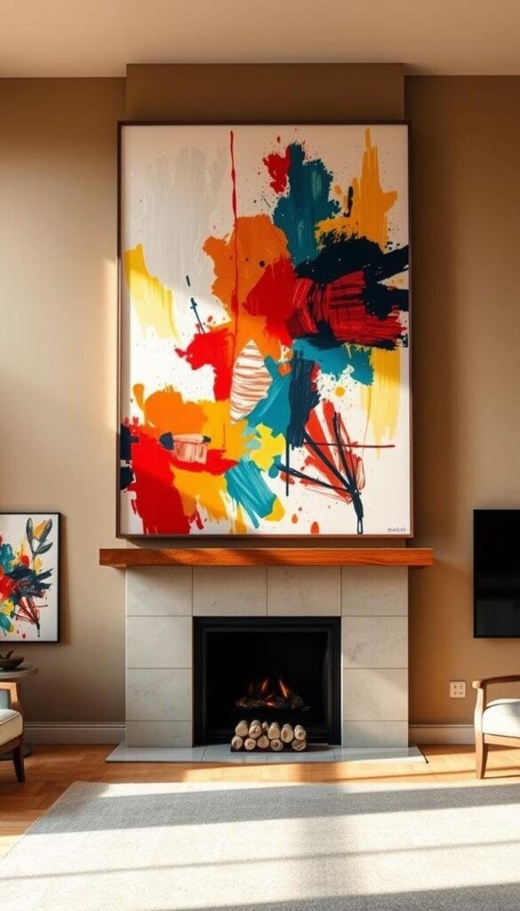 An oversized, abstract piece of art dominates the focal point of the room, its bold colors and dynamic brushstrokes commanding attention. The artwork is positioned above a modern, minimalist fireplace, creating a striking visual contrast. The room is bathed in warm, diffused lighting, casting a cozy and inviting ambiance. The walls are painted in a neutral, earthy tone, allowing the vibrant artwork to truly shine. The overall composition exudes a sense of balance and harmony, creating a visually captivating and impactful statement piece that elevates the entire room.