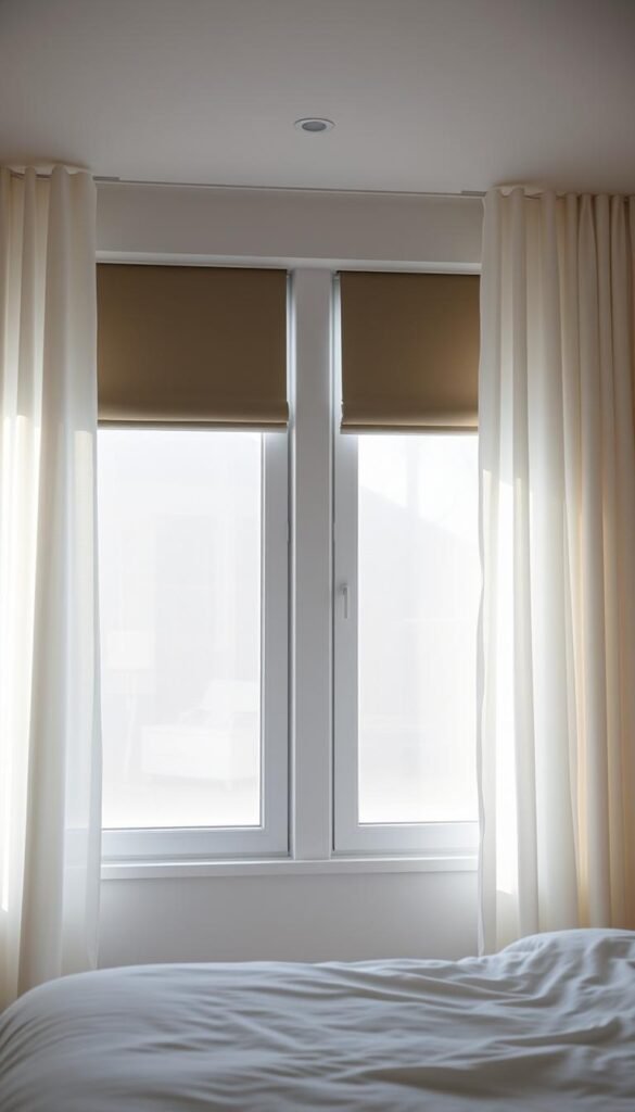 Balanced light-filtering window treatments in a modern, minimalist bedroom. Crisp white linen curtains frame the window, gently diffusing natural daylight. A pair of sleek, black-out roller shades provide adjustable privacy and light control. Soft, diaphanous sheer panels cascade elegantly, creating a serene, spa-like ambiance. The lighting is filtered through the layers, casting a warm, even glow across the space. The scene is captured with a wide-angle lens, emphasizing the clean lines and harmonious proportions of the room's design. An atmospheric, cinematic mood permeates the image, inviting the viewer to imagine the tranquil, well-rested experience of this thoughtfully-curated bedroom.