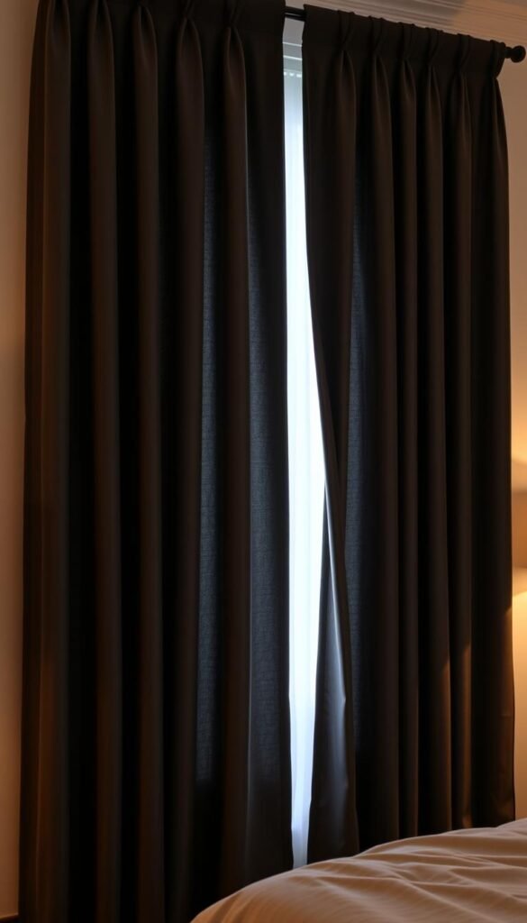 Blackout curtains in a cozy guest bedroom, softly folding over the windows. The curtains are a rich, deep charcoal gray, with a luxurious velvet-like texture. They hang in elegant, cascading folds, creating a sense of privacy and seclusion. Warm ambient lighting filters through the fabric, casting a gentle, soothing glow. The curtains frame the window, blocking out any unwanted light and allowing for a restful, uninterrupted sleep. The overall atmosphere is one of tranquility and hotel-level sophistication, perfectly suited for a luxurious guest room retreat.