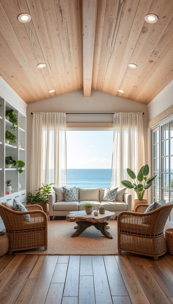 Coastal living room, sun-drenched and serene. Soft beige sofa nestled between whitewashed wood shelves, accented with lush green plants. Woven rattan armchair and a driftwood coffee table complete the natural, laid-back aesthetic. Sheer curtains frame the panoramic ocean view, casting a warm glow throughout the space. Overhead, a rustic wooden beam ceiling with recessed lighting creates a cozy ambiance. Weathered wood floors and a jute area rug ground the room in an earthy, organic feel. Subtle pops of blue and white tie the coastal theme together, evoking the soothing rhythm of waves. A peaceful, airy retreat to unwind and embrace the tranquility of the seaside.