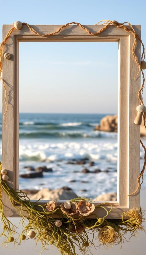 Coastal wall art and decor featuring a serene seascape. The foreground showcases a weathered wooden frame, draped with delicate seaweed and shells, housing a breathtaking ocean view. The middle ground depicts rolling waves crashing against a rugged shoreline, their white foams sparkling under the warm, golden sunlight. In the background, a hazy horizon line blends seamlessly with the soft, azure sky, creating a calming, ethereal atmosphere. The overall composition evokes a sense of tranquility and connection to the natural world, perfectly complementing the coastal theme of the living room decor.