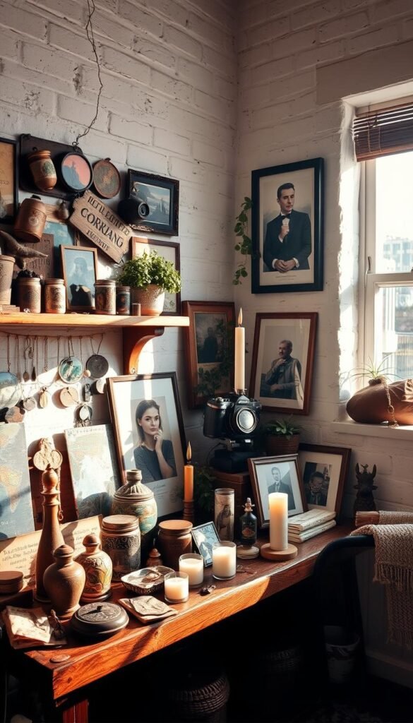 Cozy and inviting corner display showcasing a variety of personal travel artifacts and collections. In the foreground, an array of trinkets, keepsakes, and found objects are arranged on a rustic wooden shelf, casting warm, soft lighting. In the middle ground, a cluster of plants, candles, and framed photos add depth and texture. The background features a whitewashed brick wall, creating an earthy, bohemian ambiance. Rays of afternoon sunlight stream through a nearby window, casting a gentle, natural glow over the entire scene. The overall composition exudes a sense of lived-in comfort and soulful, well-traveled style.