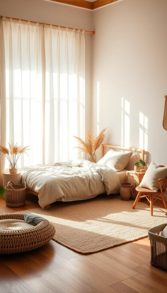 Cozy bedroom bathed in warm, earthy tones. Soft, natural light filters through gauzy curtains, casting a serene glow. Layered textures of linen, wood, and woven elements create a soothing, nature-inspired palette. A plush, neutral rug grounds the space, while potted plants and dried florals add organic accents. Minimalist, Scandinavian-inspired furniture provides a tranquil backdrop. Gentle shadows and highlights shape the peaceful, harmonious atmosphere, inviting rest and relaxation.