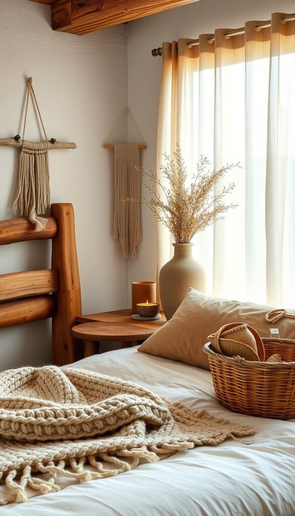 Cozy bedroom corner featuring a rustic wooden bed frame, plush natural fiber bedding, and a mix of handcrafted decor elements. In the foreground, a chunky knit throw blanket and woven basket add warm, textural accents. The middle ground showcases a driftwood wall hanging and a terracotta vase filled with dried botanicals. The background includes a large window with sheer linen curtains, allowing soft, diffused natural lighting to fill the space and create a soothing, earthy atmosphere.