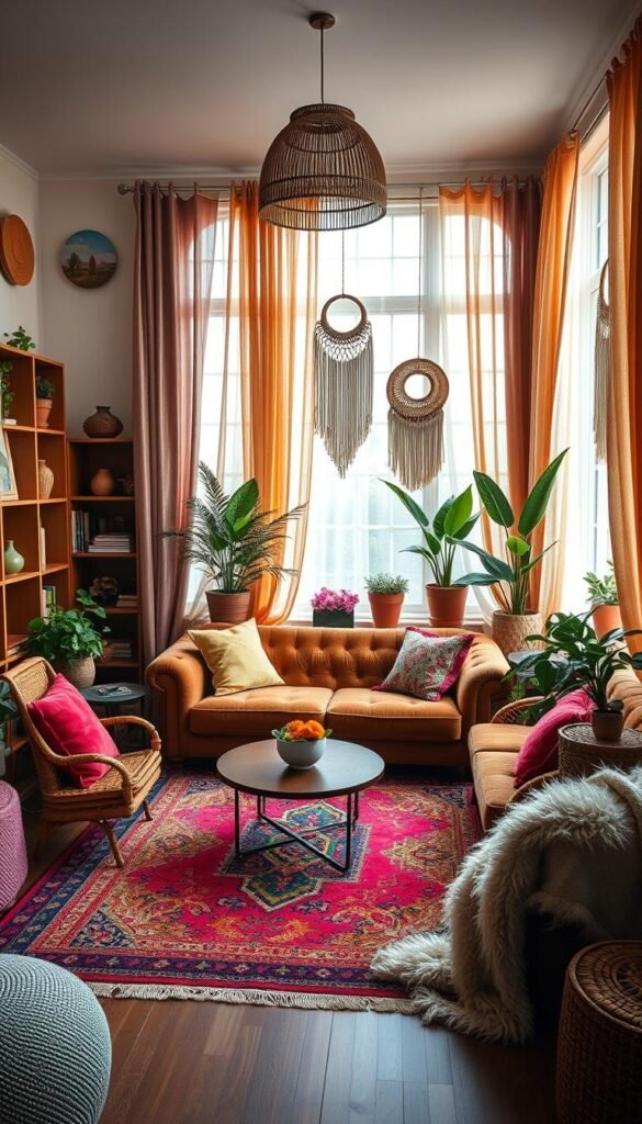 Cozy living room filled with vibrant textiles and plush furnishings. Soft, diffused lighting illuminates a central seating area adorned with a colorful patterned rug, a tufted velvet sofa, and throw pillows in a range of hues. Bookshelves along the walls display decorative vases, artwork, and lush potted plants. Flowing curtains in a shimmering fabric frame large windows, letting in gentle natural light. Textures like woven baskets, macrame wall hangings, and a fluffy blanket evoke a sense of warmth and comfort. The overall scene exudes a harmonious, inviting atmosphere perfect for relaxation and self-expression.