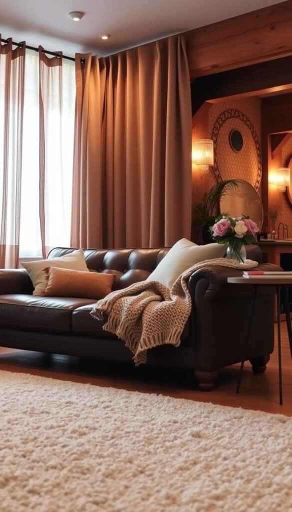 Cozy living room with layered textiles creating a warm, inviting atmosphere. In the foreground, a plush area rug with a subtle pattern underfoot. A low, tufted leather sofa is layered with soft, oversized pillows and a thick knitted throw. In the middle ground, sheer curtains in an earthy tone frame the windows, filtering in natural light. On the side table, a vase of fresh flowers adds a natural touch. The background features exposed wood beams and warm, ambient lighting, evoking a sense of rustic sophistication. Overall, the image conveys a harmonious balance of textures, colors, and coziness, perfect for a small living space.