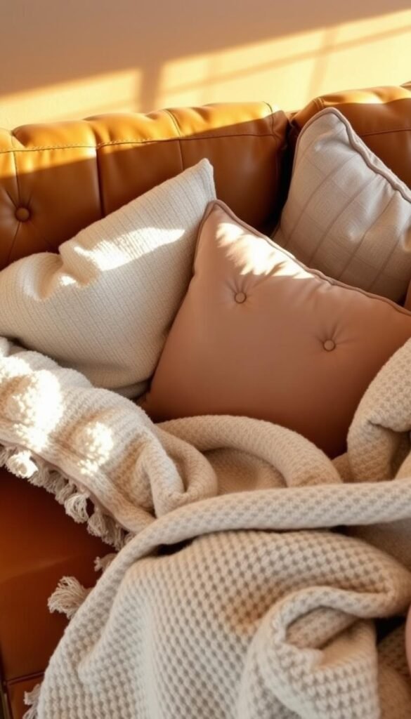 Cozy pillows and plush throws artfully arranged on a tan leather sofa, creating a warm, inviting ambiance. Soft textures in soothing neutral tones, with subtle patterns and tufted details, complement the rich leather backdrop. Gentle side lighting casts a warm glow, highlighting the comforting layers and encouraging a sense of relaxation. The scene evokes a welcoming, lived-in living space, perfect for curling up and enjoying the simple pleasures of a cozy afternoon.