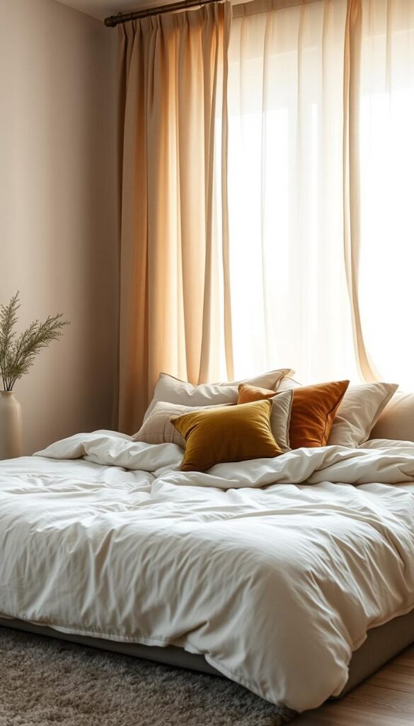 Cozy, textured bedroom with earthy, moody vibes. A plush, off-white duvet cover with subtle quilted patterns covers a minimalist platform bed. Rumpled linen sheets in soft gray tones create a inviting, lived-in feel. Hanging above the bed, sheer curtains in warm beige gently billow in the soft, natural light streaming through the large windows. On the bed, decorative pillows in muted olive and ochre hues add pops of color and texture. The overall atmosphere is one of comfort, coziness and tranquility.