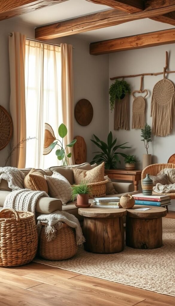 Cozy textured living room with warm wooden accents and layered details. Rustic natural elements like woven baskets, plush woven rugs, and nubby knit throws create a welcoming, tactile atmosphere. Soft lighting filters through sheer curtains, casting a gentle glow. A mix of smooth and rough surfaces - weathered beams, nubby upholstery, and rough-hewn wooden side tables - add depth and visual interest. Thoughtfully arranged decorative accents like potted plants, stacked books, and woven wall hangings complete the inviting, comfortable scene.