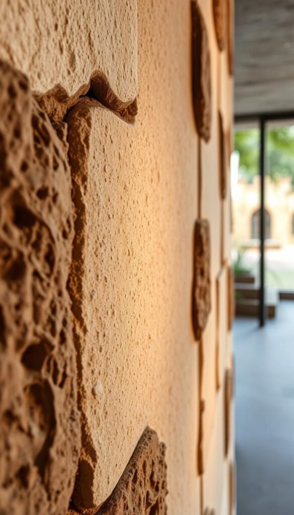 Detailed close-up shot of an earthy, textured wall treatment with natural, organic materials. The foreground showcases a mix of handcrafted plaster, clay, and natural stone accents, creating a warm, tactile surface with a subtle mottled pattern. The midground features a blend of neutral earth tones and soft, muted hues, while the background subtly hints at a serene, natural environment with hints of greenery peeking through. Warm, diffused lighting casts gentle shadows, accentuating the depth and dimensionality of the wall's surface. The overall mood is one of tranquility, authenticity, and a harmonious connection to the natural world. Detailed close-up shot of an earthy, textured wall treatment with natural, organic materials. The foreground showcases a mix of handcrafted plaster, clay, and natural stone accents, creating a warm, tactile surface with a subtle mottled pattern. The midground features a blend of neutral earth tones and soft, muted hues, while the background subtly hints at a serene, natural environment with hints of greenery peeking through. Warm, diffused lighting casts gentle shadows, accentuating the depth and dimensionality of the wall's surface. The overall mood is one of tranquility, authenticity, and a harmonious connection to the natural world.