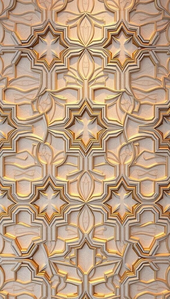 Detailed geometric wallpaper patterns with interlocking shapes and clean lines, featuring a sophisticated color palette of soft grays, whites, and subtle metallic accents. The composition should have a balanced, symmetrical layout with a clear focal point. Capture the elegance and structured beauty of the design, illuminated by warm, diffused lighting that casts gentle shadows to accentuate the dimensional textures. Aim for a serene, high-end aesthetic that evokes a sense of refined, modern luxury suitable for an upscale living room.