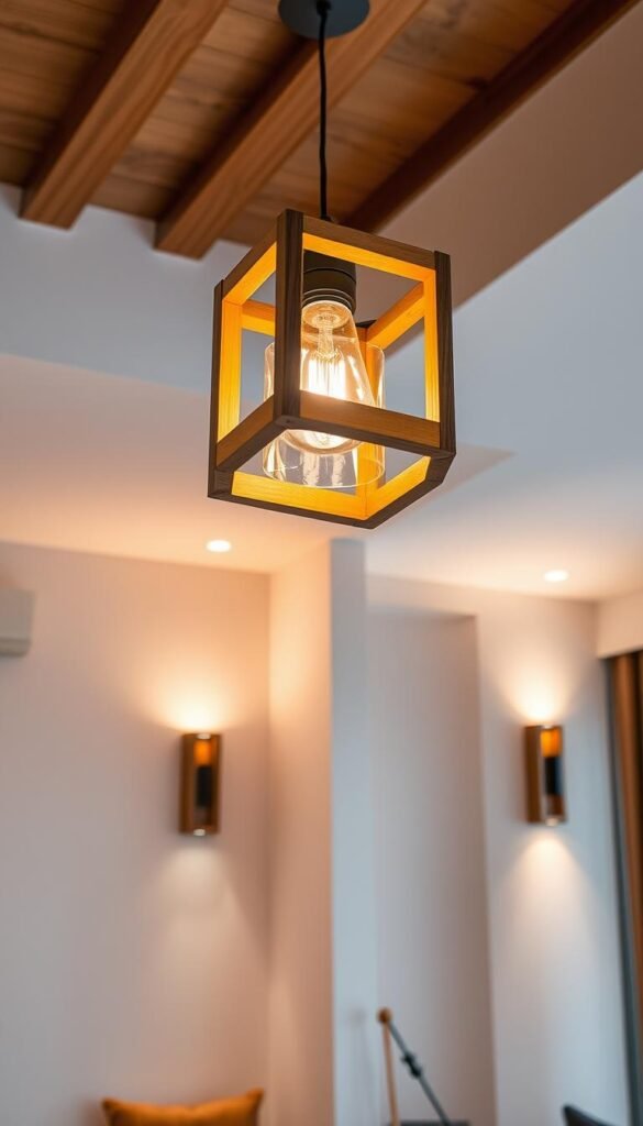 Detailed modern living room interior with warm wood-accented lighting fixtures. Soft ambient lighting emanates from a central pendant light with a natural wood frame and glass diffuser. Additional task lighting shines from sleek sconces mounted on the walls, their wooden accents complementing the room's neutral color palette. Carefully positioned to illuminate key architectural elements and décor. Balanced lighting creates a cozy, inviting atmosphere perfect for relaxation.