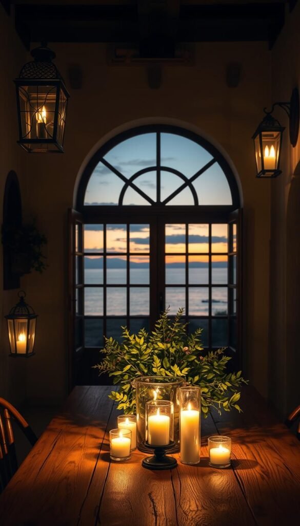 Dramatic Mediterranean lighting design, featuring warm ambient glow from strategically placed lanterns and sconces. Soft, diffused light filters through intricate metalwork and vintage glass, casting captivating shadows across plastered walls and natural stone. Candlelight flickers atop a rustic wooden table, illuminating a lush centerpiece of vibrant greenery. In the background, a large arched window frames a tranquil evening vista of the sea, the horizon painted in golden hues. Elegant and moody, the lighting evokes the timeless charm and relaxed elegance of a Mediterranean villa.