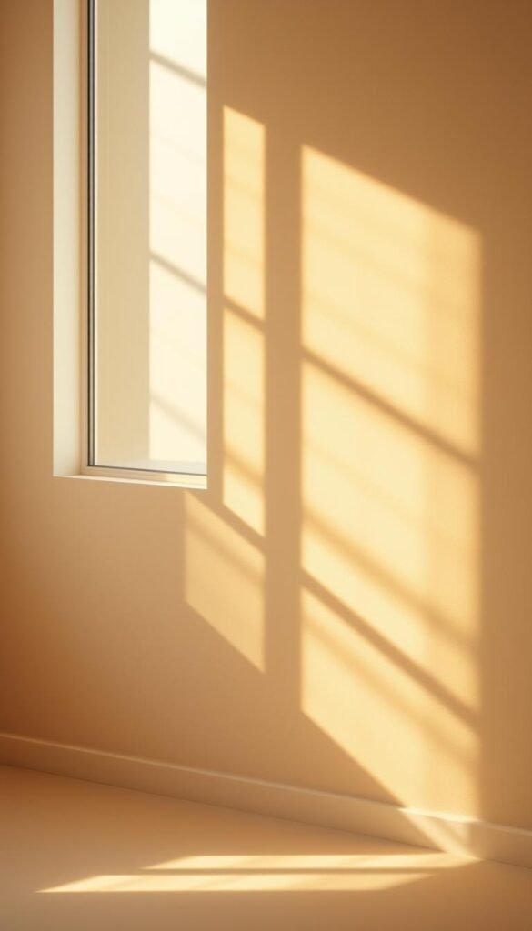 Dramatic lighting effects illuminating a cream-colored wall with a soft, ambient glow. The light originates from a window off-frame, casting warm, diffused rays that dance across the smooth, textured surface. Subtle shadows accentuate the gentle contours, creating a serene, tranquil atmosphere. A high-quality camera lens captures the scene, emphasizing the depth and nuance of the lighting. The overall mood is one of subdued elegance and luxurious calm, perfectly complementing a cozy, cream-themed living space.