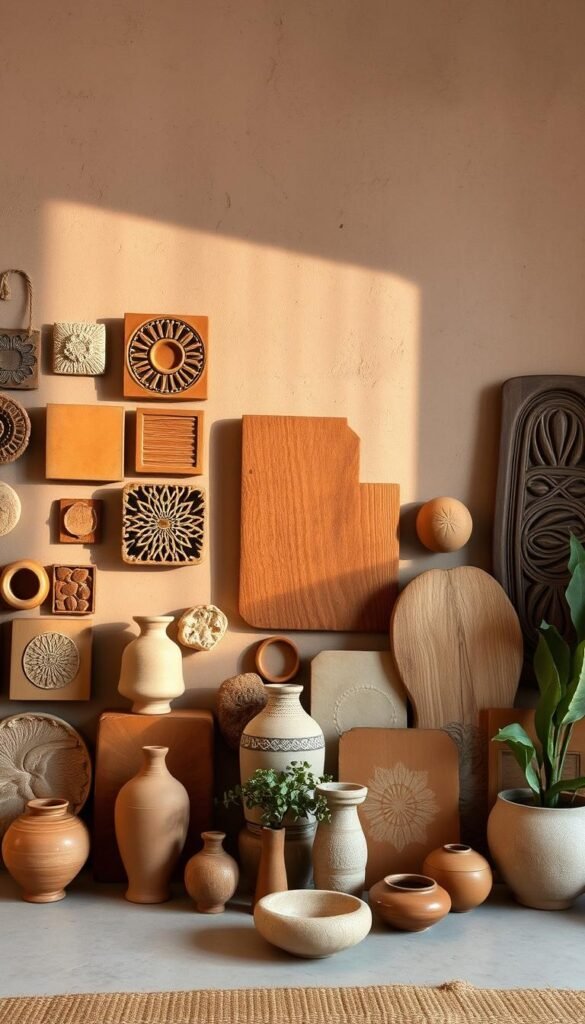 Earthy wall art selection showcasing natural textures and organic shapes. Foreground features a diverse array of handcrafted ceramic wall tiles, pottery, and carved wooden panels in muted tones of terracotta, ochre, and olive. Midground presents an asymmetrical gallery wall arrangement, with the pieces casting soft shadows and reflecting warm lighting. Background depicts a textured, earthy plaster or stucco wall in a serene, calming palette. The overall scene exudes a rustic, artisanal ambiance, evoking the essence of a curated, nature-inspired space. Earthy wall art selection showcasing natural textures and organic shapes. Foreground features a diverse array of handcrafted ceramic wall tiles, pottery, and carved wooden panels in muted tones of terracotta, ochre, and olive. Midground presents an asymmetrical gallery wall arrangement, with the pieces casting soft shadows and reflecting warm lighting. Background depicts a textured, earthy plaster or stucco wall in a serene, calming palette. The overall scene exudes a rustic, artisanal ambiance, evoking the essence of a curated, nature-inspired space.
