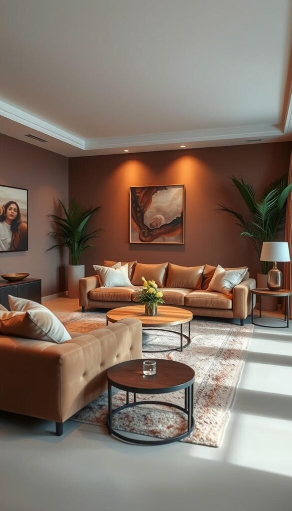 Elegant and inviting interior featuring a warm palette of rich brown hues and soft, muted pink accents. The scene showcases a cozy living room with plush, tufted furniture, textured throw pillows, and a sumptuous area rug. Soft, diffused lighting casts a gentle glow, creating an atmosphere of sophistication and comfort. The walls are adorned with subtle, abstract artwork, while a wooden coffee table and side tables add natural, earthy elements. Tall, lush plants in the background enhance the sense of tranquility and bring a touch of nature indoors. The overall composition radiates a sense of refined elegance and relaxation, perfectly capturing the essence of a modern, warm living space.
