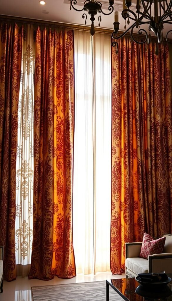 Elegant and luxurious complementary pattern curtains dominate the frame, adorning a high-ceilinged living room with sumptuous maximalist appeal. The curtains feature a bold, harmonious blend of intricate floral and geometric motifs in rich, jewel-toned hues, creating a visually striking and immersive ambiance. Soft, indirect lighting filters through the sheer fabric, casting a warm, inviting glow. The curtains are hung from ornate, metallic rods, adding a touch of opulence. The scene exudes an air of refined sophistication and a touch of drama, perfectly suited for a high-end, contemporary living space. Elegant and luxurious complementary pattern curtains dominate the frame, adorning a high-ceilinged living room with sumptuous maximalist appeal. The curtains feature a bold, harmonious blend of intricate floral and geometric motifs in rich, jewel-toned hues, creating a visually striking and immersive ambiance. Soft, indirect lighting filters through the sheer fabric, casting a warm, inviting glow. The curtains are hung from ornate, metallic rods, adding a touch of opulence. The scene exudes an air of refined sophistication and a touch of drama, perfectly suited for a high-end, contemporary living space.