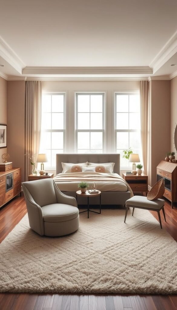 Elegant bedroom furniture arrangement with warm lighting. A cozy queen-sized bed in the center, flanked by sleek nightstands and a tall dresser. Plush area rug in the foreground, with a modern armchair and small side table in the corner. Large windows in the background, allowing natural light to filter in and create a serene, airy atmosphere. Soft, muted color palette with natural wood tones and subtle pops of accent color. Carefully curated decor elements, such as framed artwork, potted plants, and a decorative mirror, complete the cohesive, visually appealing layout.