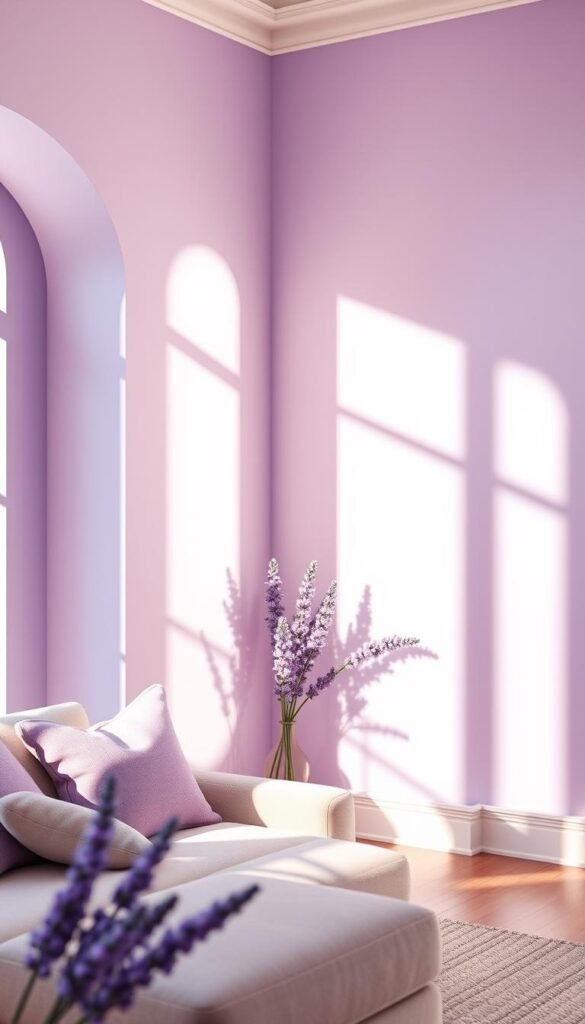 Elegant lavender paint colors gently illuminated by warm, natural lighting cascade across the interior walls. Soft, pastel hues create a tranquil, feminine ambiance, perfect for a calming living room oasis. Varied lavender tones, from pale lilac to deep violet, are thoughtfully layered to add depth and visual interest. Crisp shadows define the geometric planes, while a slight hazy effect imbues the scene with a serene, dreamlike quality. The overall palette exudes a sense of sophisticated charm, ideal for infusing a living space with soothing, lavender-inspired sophistication.