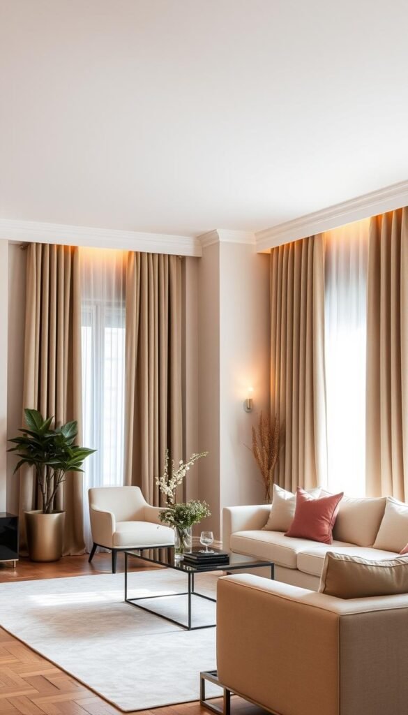 Elegant living room with floor-to-ceiling solid drapes in a soothing, color-matched palette. Warm, diffused lighting creates a calming atmosphere, softening the sharp architectural lines and busy decor elements. The lush curtains frame the windows, effortlessly balancing the space and drawing the eye inward. Soft, luxurious textures complement the minimalist, modern furnishings. A serene, sophisticated ambiance envelops the room, inviting relaxation. Elegant living room with floor-to-ceiling solid drapes in a soothing, color-matched palette. Warm, diffused lighting creates a calming atmosphere, softening the sharp architectural lines and busy decor elements. The lush curtains frame the windows, effortlessly balancing the space and drawing the eye inward. Soft, luxurious textures complement the minimalist, modern furnishings. A serene, sophisticated ambiance envelops the room, inviting relaxation.