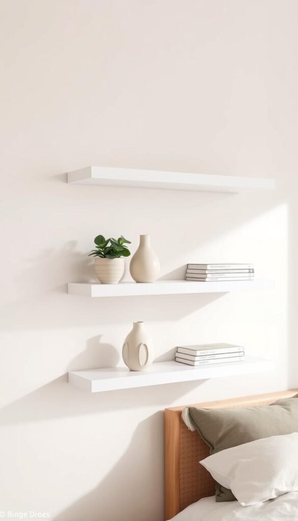 Elegant, minimalist bedroom shelves arranged in a rule of three grouping. A trio of floating white wood shelves against a neutral wall, each holding a few carefully curated decorative items - a potted plant, a ceramic vase, and a stack of books. Soft, diffused natural light filters in, creating a tranquil, inviting atmosphere. The shelves are positioned at slightly staggered heights, drawing the eye up and creating a sense of depth and visual interest. The arrangement is balanced, harmonious, and perfectly suited to showcase a thoughtful, layered bedroom decor.