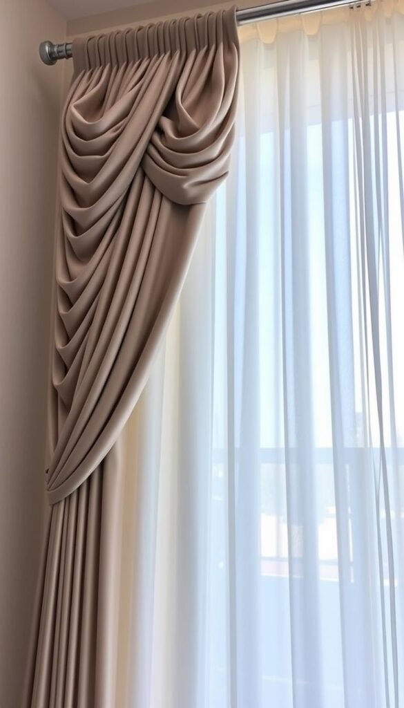 Elegant pleated curtain design with intricate folds and crisp creases, showcasing a timeless S-fold style. The fabric cascades gracefully, creating a sophisticated and luxurious ambiance. Soft natural lighting filters through the sheer material, casting a warm glow and highlighting the delicate textures. The curtains are hung from a sleek, modern curtain rod, complementing the high-end, contemporary living room setting. A harmonious blend of form and function, this custom pleated curtain design epitomizes the essence of modern luxury. Elegant pleated curtain design with intricate folds and crisp creases, showcasing a timeless S-fold style. The fabric cascades gracefully, creating a sophisticated and luxurious ambiance. Soft natural lighting filters through the sheer material, casting a warm glow and highlighting the delicate textures. The curtains are hung from a sleek, modern curtain rod, complementing the high-end, contemporary living room setting. A harmonious blend of form and function, this custom pleated curtain design epitomizes the essence of modern luxury.