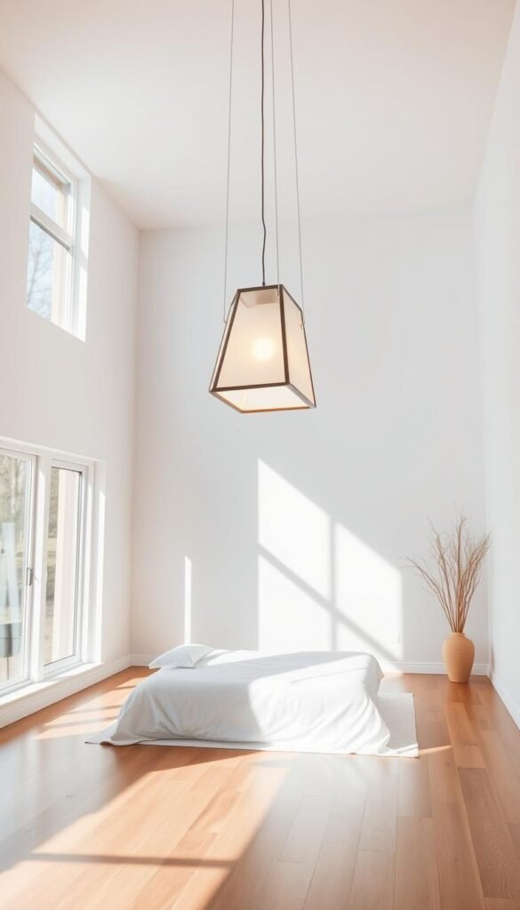 Elegant statement lighting fixture, floating in a bright, airy bedroom setting. Sleek, geometric pendant lamp with a minimalist silhouette, suspended from a high ceiling via thin cables. Soft, diffused illumination emanates from the lamp, casting a warm, inviting glow across the clean, white walls and hardwood floors. Sunlight streams in through large windows, creating a harmonious interplay of natural and artificial light. The lighting fixture is the focal point, drawing the eye upwards and accentuating the spacious, open feel of the room.