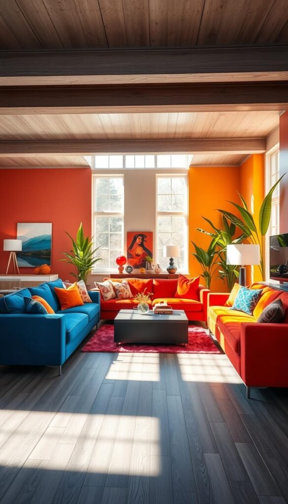 Expansive living room with bold, vibrant colors set against a backdrop of gray wood floors. In the foreground, a cozy seating area with plush, vividly hued furniture - deep blues, warm oranges, and rich reds. Sunlight streams in through large windows, casting a warm glow and creating dynamic shadows. In the middle ground, tasteful accent pieces like abstract wall art and eclectic lamps add pops of complementary tones. The background features tall, lush houseplants that soften the space and connect the colors to the natural gray tones of the flooring. An inviting, modern atmosphere that exudes personality and character.