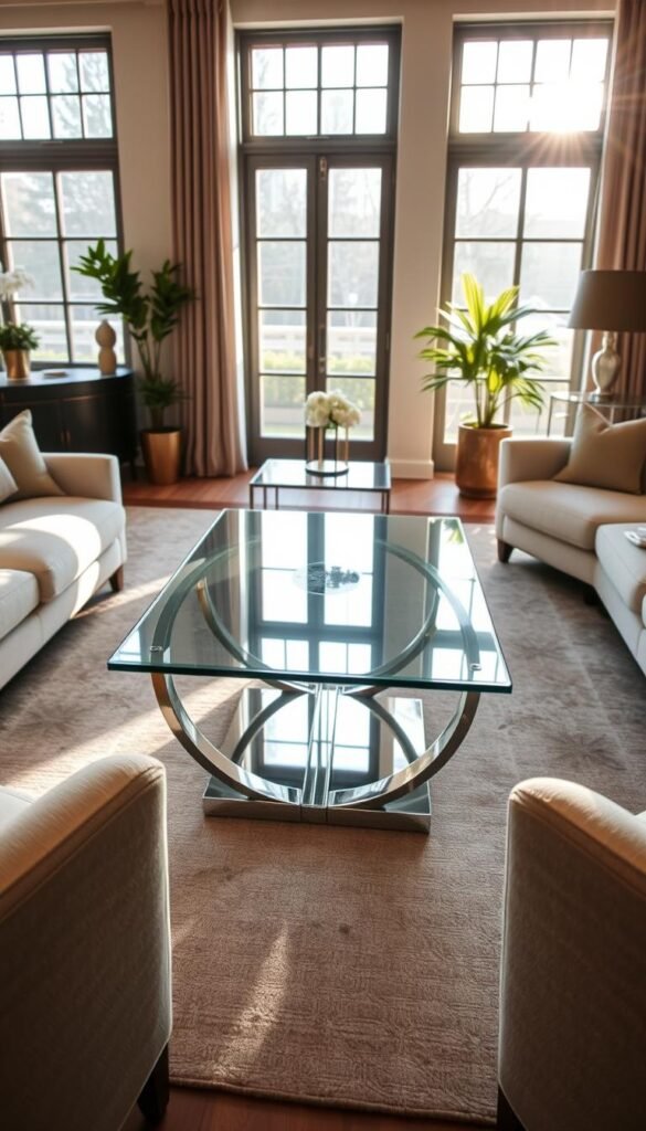 Focal point coffee table in a modern classic living room. A sleek, rectangular glass-topped table rests on a polished chrome base, positioned as the centerpiece. Soft, natural lighting filters through large windows, casting a warm glow. Plush, neutral-toned sofas and armchairs surround the table, creating an inviting seating arrangement. Hints of greenery and metallic accents accentuate the sophisticated, elegant ambiance. The table's clean lines and reflective surface draw the eye, establishing it as the room's focal point. A visually balanced, harmonious interior design that exemplifies timeless style. Focal point coffee table in a modern classic living room. A sleek, rectangular glass-topped table rests on a polished chrome base, positioned as the centerpiece. Soft, natural lighting filters through large windows, casting a warm glow. Plush, neutral-toned sofas and armchairs surround the table, creating an inviting seating arrangement. Hints of greenery and metallic accents accentuate the sophisticated, elegant ambiance. The table's clean lines and reflective surface draw the eye, establishing it as the room's focal point. A visually balanced, harmonious interior design that exemplifies timeless style.