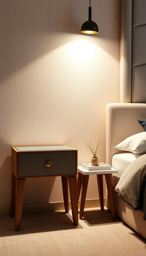 Highly detailed, beautifully lit nightstands in a chic, modern bedroom setting. Sleek, lacquered wood frames with smooth, tapered legs. Soft, ambient lighting illuminates the nightstands from above, casting a warm, cozy glow. Minimalist design with clean lines and a touch of elegance. Stylish glass or marble tops complement the wooden base, creating a harmonious, visually-appealing composition. The nightstands are positioned against a neutral-toned wall, allowing them to be the focal point of the scene. Subtle textures and materials add depth and visual interest. An aspirational, magazine-worthy bedroom design that embodies functionality and sophisticated style.