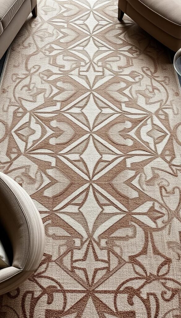 Intricate geometric patterns in a luxurious abstract rug, featuring sharp-edged polygons and seamless repeating motifs. The design radiates a sense of modern elegance, with a balanced color palette of muted tones and metallic accents. Soft, diffused lighting illuminates the textural quality of the rug, highlighting the depth and dimensionality of the shapes. The composition is thoughtfully arranged, complementing the curved silhouettes of surrounding furniture pieces to create a harmonious, high-end living space.