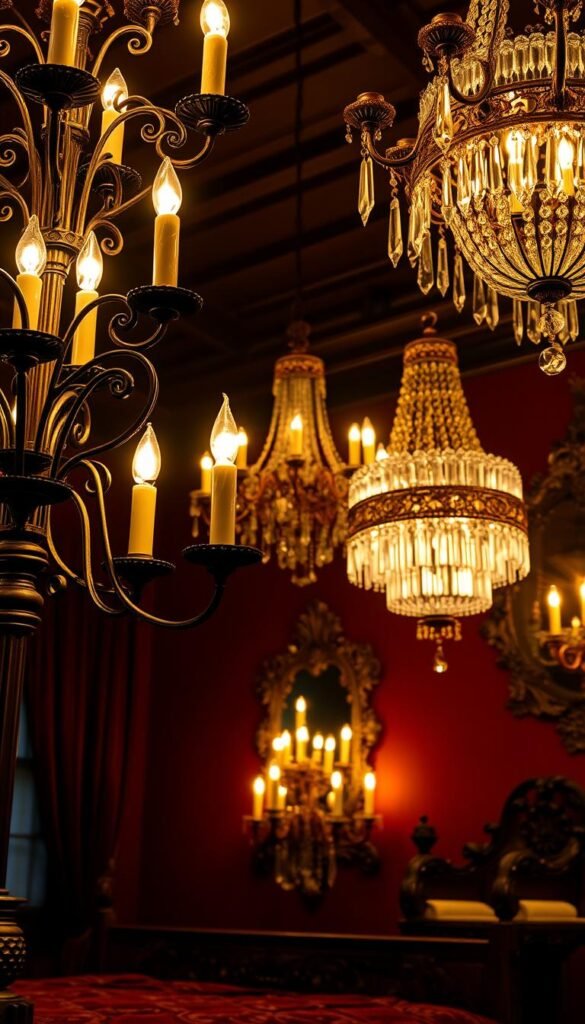 Intricate, ornate Gothic lighting fixtures cast a warm, moody glow across a luxurious Victorian bedroom. Towering candelabras with twisted wrought-iron branches support flickering candle flames, creating a mesmerizing play of light and shadow. Gilded chandeliers with cascading crystal prisms hang from high ceilings, refracting the soft light into a shimmering display. Wall sconces with ornamental metalwork flicker in the dim ambiance, evoking a sense of timeless opulence. The fixtures are finished in a rich, dark patina, complementing the deep jewel-toned velvet draperies and ornate wood furnishings. An air of gothic romance and old-world elegance permeates the scene.