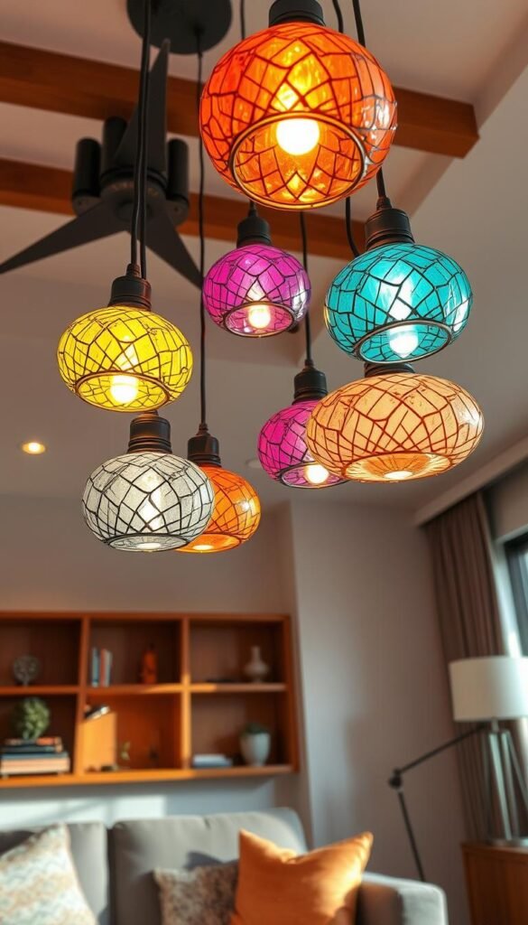 Intricate tinted glass pendant lighting fixtures suspended from a mid-century modern living room ceiling. The shades emit a soft, warm glow, casting playful hues of amber, turquoise, and amethyst across the space. The pendant lamps are positioned in a dynamic, asymmetric arrangement, creating an inviting, artful ambiance. Warm wooden accents and plush textiles in the room complement the vibrant glass shades. Captured with a wide-angle lens to showcase the lighting's focal point role in the stylish, color-forward interior. Intricate tinted glass pendant lighting fixtures suspended from a mid-century modern living room ceiling. The shades emit a soft, warm glow, casting playful hues of amber, turquoise, and amethyst across the space. The pendant lamps are positioned in a dynamic, asymmetric arrangement, creating an inviting, artful ambiance. Warm wooden accents and plush textiles in the room complement the vibrant glass shades. Captured with a wide-angle lens to showcase the lighting's focal point role in the stylish, color-forward interior.