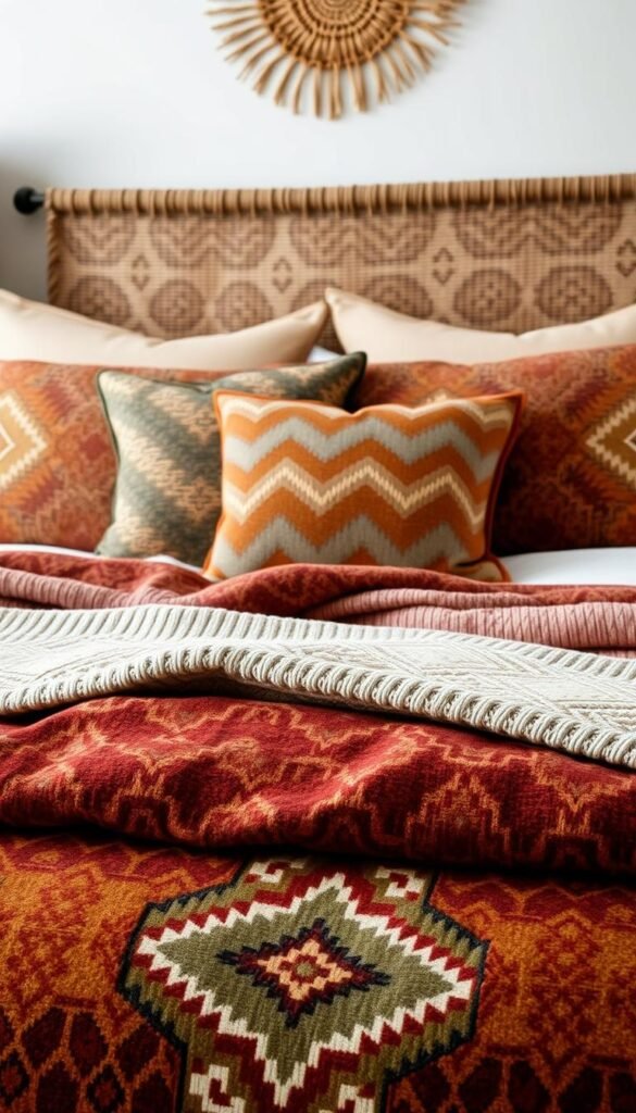 Layered bedding with intricate western patterns and textures. In the foreground, a plush comforter featuring a bold geometric pattern in earthy tones of rust, ochre, and sage. Atop it, a soft knit throw in a rustic chevron design. In the middle ground, patterned accent pillows in complementary hues, their intricate woven textures catching the warm, diffused lighting. Behind, the headboard is adorned with a woven wall hanging, its neutral tones and organic silhouette adding depth and a touch of rustic elegance. The overall scene evokes a cozy, inviting atmosphere, perfect for a modern western-inspired bedroom. Layered bedding with intricate western patterns and textures. In the foreground, a plush comforter featuring a bold geometric pattern in earthy tones of rust, ochre, and sage. Atop it, a soft knit throw in a rustic chevron design. In the middle ground, patterned accent pillows in complementary hues, their intricate woven textures catching the warm, diffused lighting. Behind, the headboard is adorned with a woven wall hanging, its neutral tones and organic silhouette adding depth and a touch of rustic elegance. The overall scene evokes a cozy, inviting atmosphere, perfect for a modern western-inspired bedroom.
