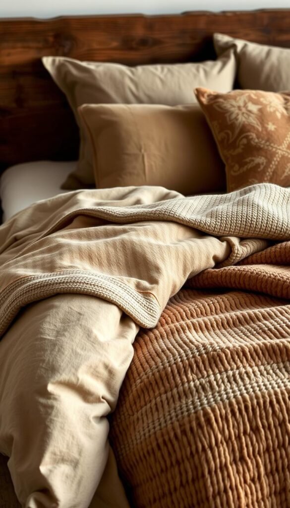 Layered bedding with natural textures: a plush, earthy-toned linen comforter covers a cozy, woven wool blanket, both draped over a sumptuous, textured velvet duvet. Soft, organic cotton pillowcases in muted hues nestle against a rustic, wooden headboard. Warm, diffused lighting casts a comforting glow, highlighting the intricate patterns and inviting materiality. The overall scene exudes a sense of relaxed sophistication, creating a welcoming and restorative atmosphere perfect for an indulgent, restful retreat.