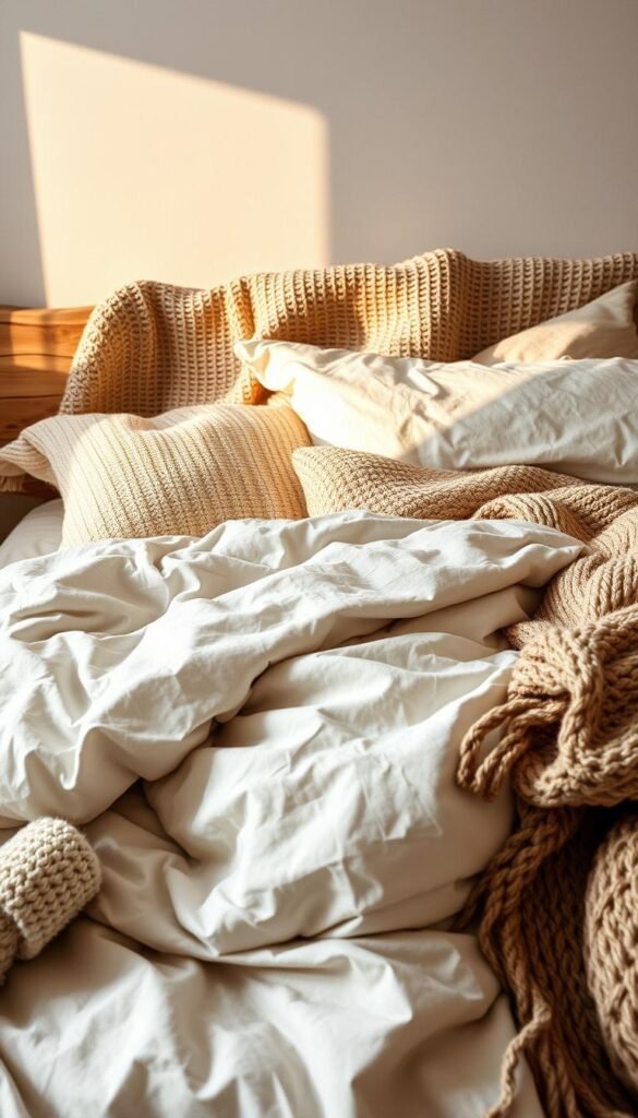 Layered bedding with soft, natural textures - plush, woven blankets, linen sheets, and a chunky knitted throw draped over a rustic, wooden headboard. Indirect, warm lighting casts a cozy glow, highlighting the inviting, earthy palette of neutral tones and subtle variations. The overall scene exudes a relaxed, bohemian charm, drawing the viewer in with its tactile, organic feel. A wide-angle lens captures the tranquil, welcoming atmosphere, showcasing the harmonious blend of materials and tones that create this effortlessly chic, textural focal point.