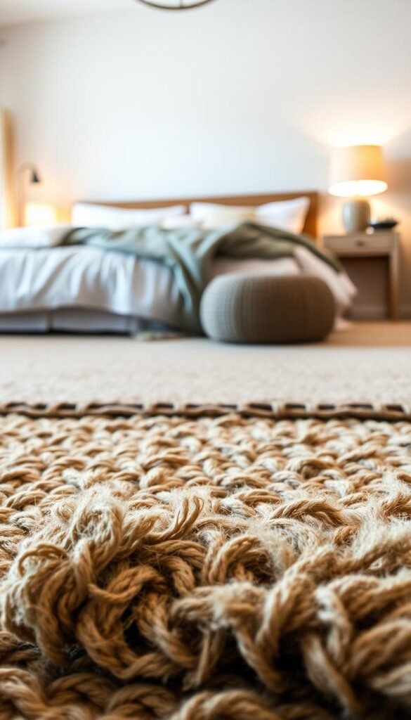 Layered natural fiber rugs, woven with earthy tones and intricate textures, adorn a cozy bedroom. The foreground features a plush, hand-knotted rug with a mix of natural fibers like jute, sisal, and wool, creating a visually captivating and tactile surface. In the middle ground, a collection of smaller, complementary rugs in neutral hues and subtle patterns adds depth and visual interest. The background showcases a warm, inviting ambiance, with soft lighting casting a gentle glow and highlighting the natural fibers' inherent beauty. The overall composition evokes a harmonious, bohemian-inspired space that anchors the entire room, seamlessly blending comfort and style.