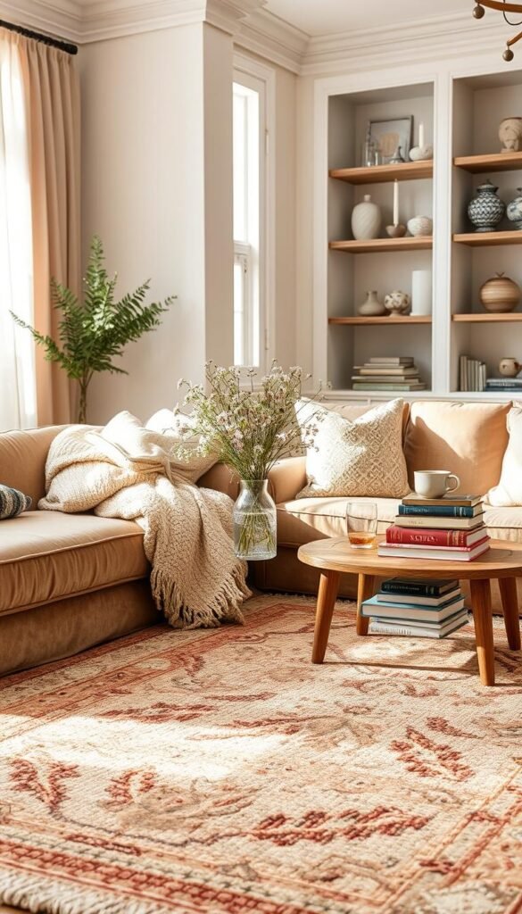 Layered textiles in a cozy living room, sunlight filtering through sheer curtains. In the foreground, a plush velvet sofa piled high with soft knit throws and cushions. Nearby, a handwoven area rug anchors the space, its intricate pattern evoking a rustic, romantic mood. In the middle ground, a wooden side table displays a vase of fresh wildflowers, surrounded by stacks of well-worn books. The background features built-in bookshelves, their shelves adorned with ceramics, candles, and carefully curated decorative objects. The overall atmosphere is one of warmth, comfort, and lived-in elegance.
