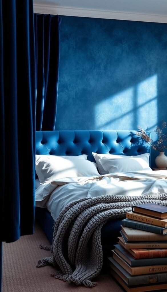 Layered textures in a tranquil blue bedroom, bathed in soft, diffused lighting. In the foreground, plush velvet curtains in a deep cobalt hue frame a large window, casting gentle shadows across the room. The middle ground features a luxurious, tufted headboard in a lighter shade of blue, complemented by crisp, linen bedding. Scattered throughout are accent pieces like a chunky knit blanket, a vintage ceramic vase, and a stack of weathered hardcover books, adding depth and visual interest. The background showcases a textured, mottled blue wall, creating a calming, enveloping atmosphere. An overall sense of cozy sophistication pervades the scene.