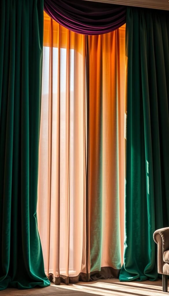 Luxurious velvet curtains draped elegantly, their rich jewel-toned hues of emerald, sapphire, and amethyst cascading in soft folds against a backdrop of warm, golden lighting. The plush, velvety texture creates a sumptuous, high-end ambiance, inviting you to sink into the comfort of a luxurious living space. Dramatic shadows accentuate the depth and volume of the curtains, while a slight breeze animates the fabric, adding a sense of movement and sophistication. The curtains frame a large window, letting in just the right amount of natural light to create a warm, inviting atmosphere. Meticulously crafted, these curtains exude an air of refined elegance, perfectly suited for a modern, high-end living room. Luxurious velvet curtains draped elegantly, their rich jewel-toned hues of emerald, sapphire, and amethyst cascading in soft folds against a backdrop of warm, golden lighting. The plush, velvety texture creates a sumptuous, high-end ambiance, inviting you to sink into the comfort of a luxurious living space. Dramatic shadows accentuate the depth and volume of the curtains, while a slight breeze animates the fabric, adding a sense of movement and sophistication. The curtains frame a large window, letting in just the right amount of natural light to create a warm, inviting atmosphere. Meticulously crafted, these curtains exude an air of refined elegance, perfectly suited for a modern, high-end living room.