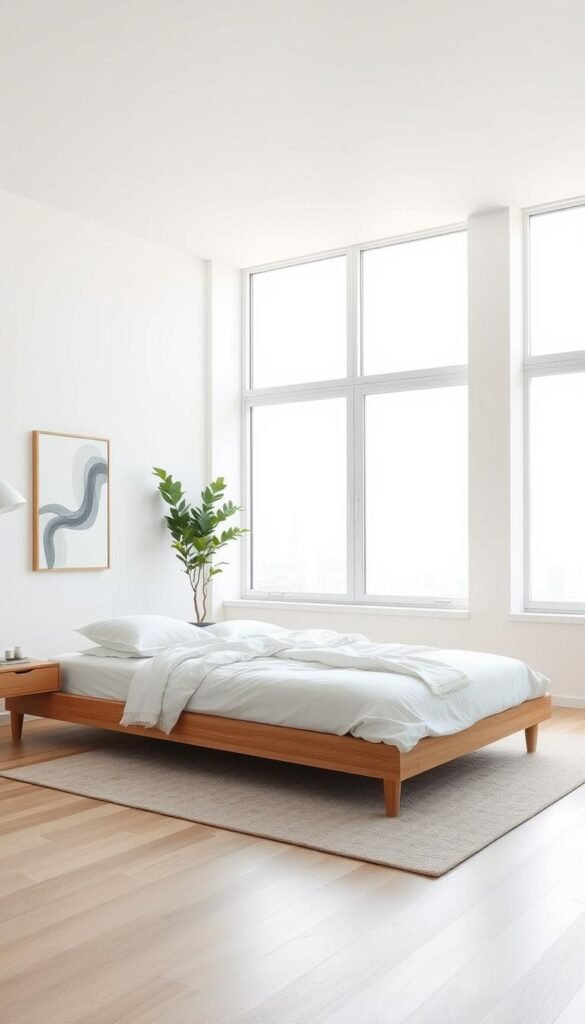 Minimalist bedroom with clean lines and neutral tones. Bright, natural lighting floods the space through large windows. Sleek, low-profile bed frame in natural wood or light gray. Crisp white bedding and textiles. Minimal, tasteful decor - a potted plant, a single piece of abstract wall art. Hardwood or light-colored flooring. Soft, indirect lighting from a sculptural pendant or recessed ceiling fixtures. Calm, serene atmosphere inviting relaxation. Minimalist bedroom with clean lines and neutral tones. Bright, natural lighting floods the space through large windows. Sleek, low-profile bed frame in natural wood or light gray. Crisp white bedding and textiles. Minimal, tasteful decor - a potted plant, a single piece of abstract wall art. Hardwood or light-colored flooring. Soft, indirect lighting from a sculptural pendant or recessed ceiling fixtures. Calm, serene atmosphere inviting relaxation.